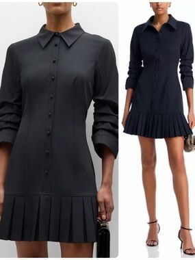 $425 Cinq à Sept Lucilla Drop Waist Pleated Hem Navy Shirt Dress 0